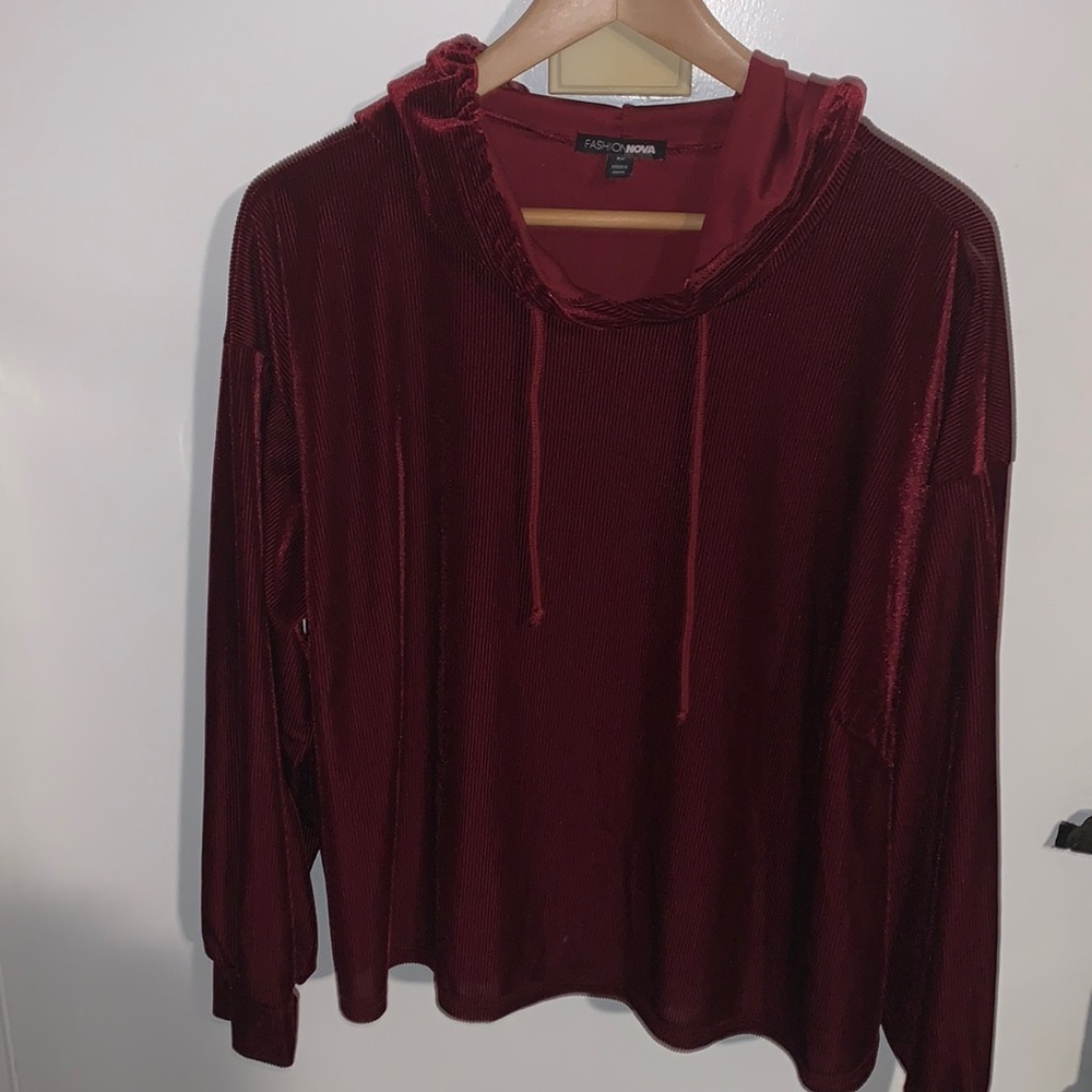 Fashion Nova long sleeve burgundy velvet corduroy shirt with hood